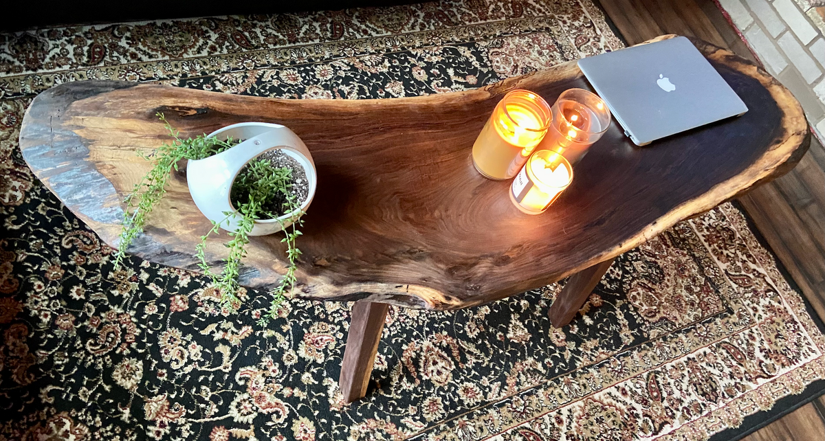 Unique Round Live Edge Black Walnut Wood Slice Table