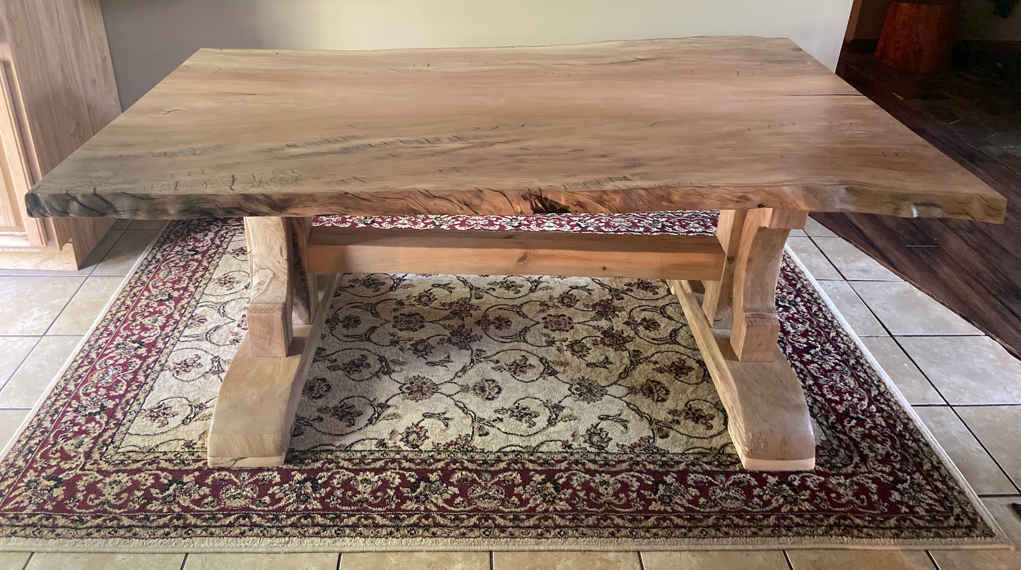 unique hardwood sycamore dining room table slab and trestle legs