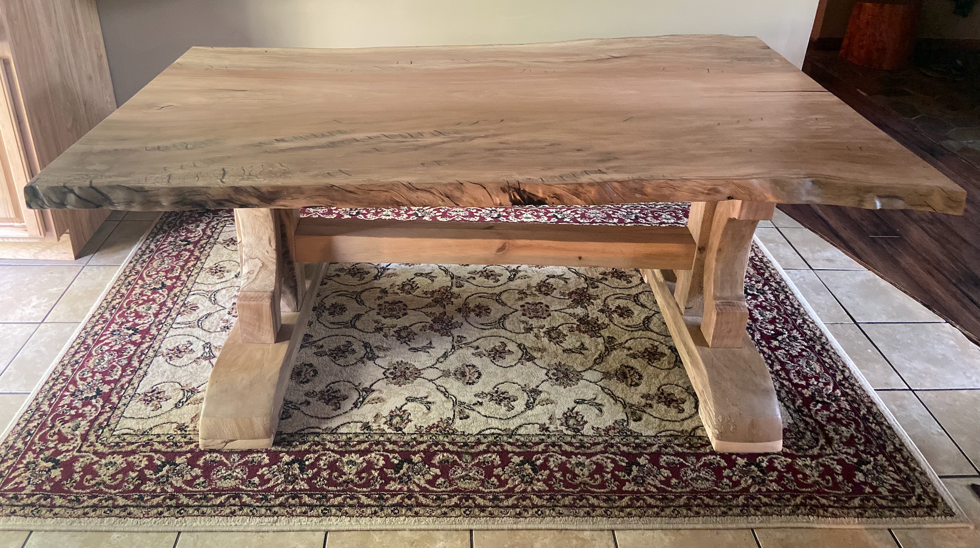 unique hardwood sycamore dining room table slab and trestle legs