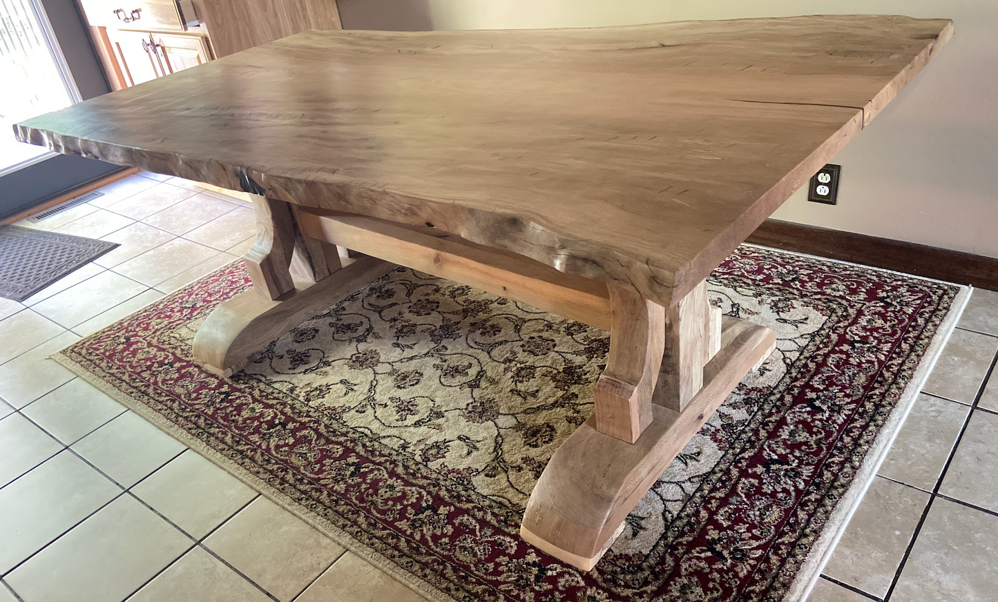 unique hardwood sycamore dining room table slab and trestle legs