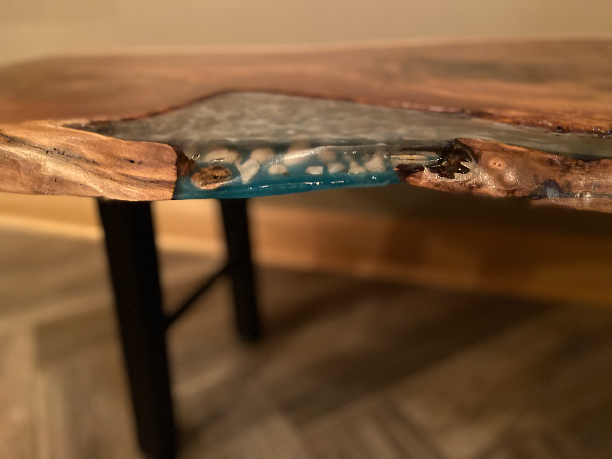 Intriguing Black Walnut Live Edge Table with Turquoise,Gray,& White Epoxy Pour and Authentic Lake Erie Shells on Square Metal Legs