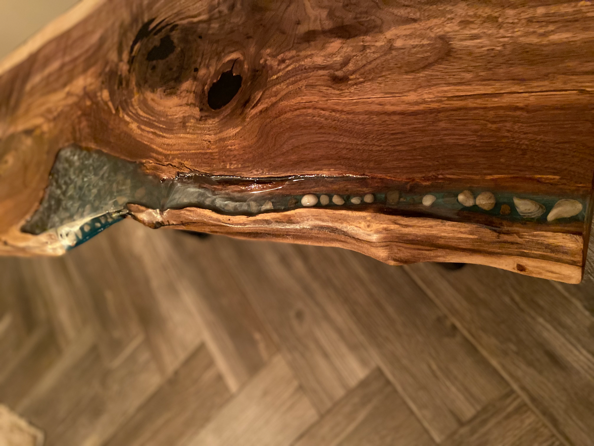 Intriguing Black Walnut Live Edge Table with Turquoise,Gray,& White Epoxy Pour and Authentic Lake Erie Shells on Square Metal Legs