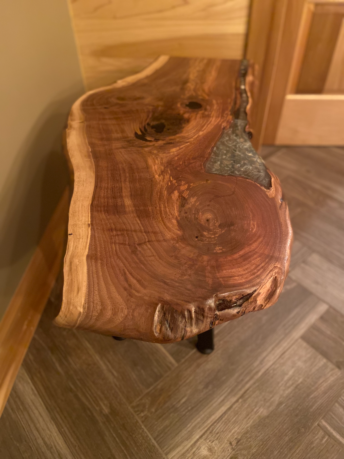 Intriguing Black Walnut Live Edge Table with Turquoise,Gray,& White Epoxy Pour and Authentic Lake Erie Shells on Square Metal Legs
