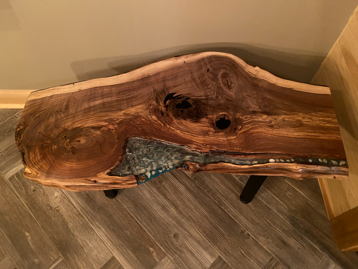 Intriguing Black Walnut Live Edge Table with Turquoise,Gray,& White Epoxy Pour and Authentic Lake Erie Shells on Square Metal Legs