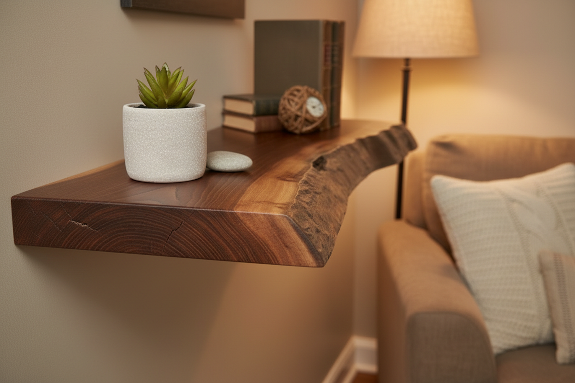 Wooden shelf with a plant and remote control on a wall next to a sofa.