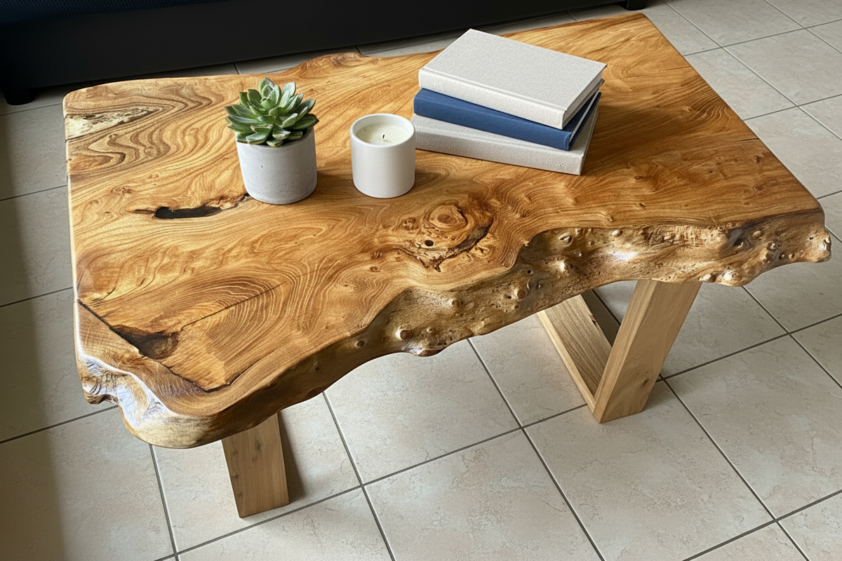 Live Edge Chestnut Wood Coffee Table | Customizable Farmhouse Rustic Table