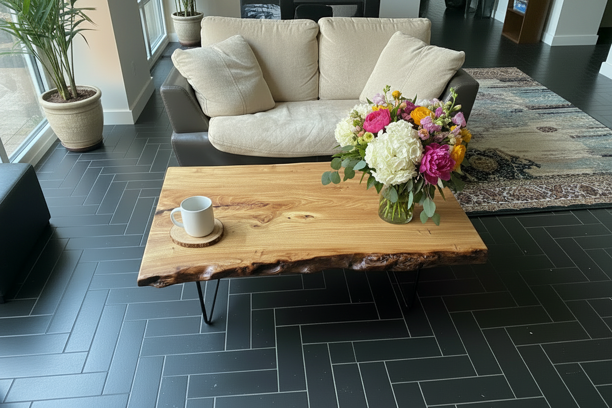 Live Edge Chestnut Wood Coffee Table | Customizable Farmhouse Rustic Table
