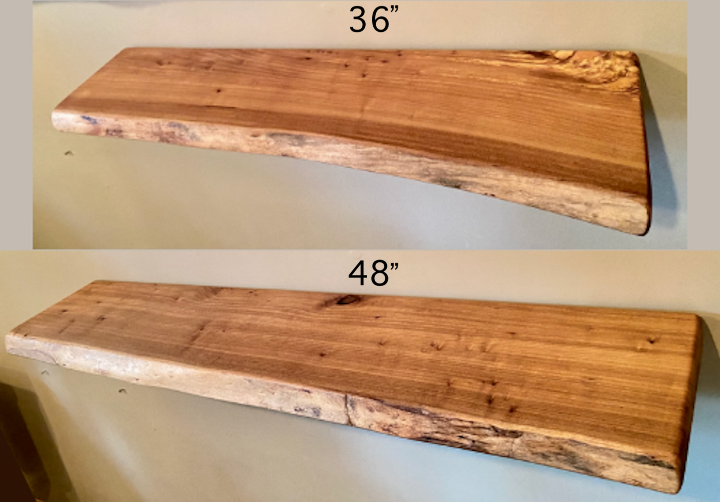Two wooden shelves with measurements on a neutral background