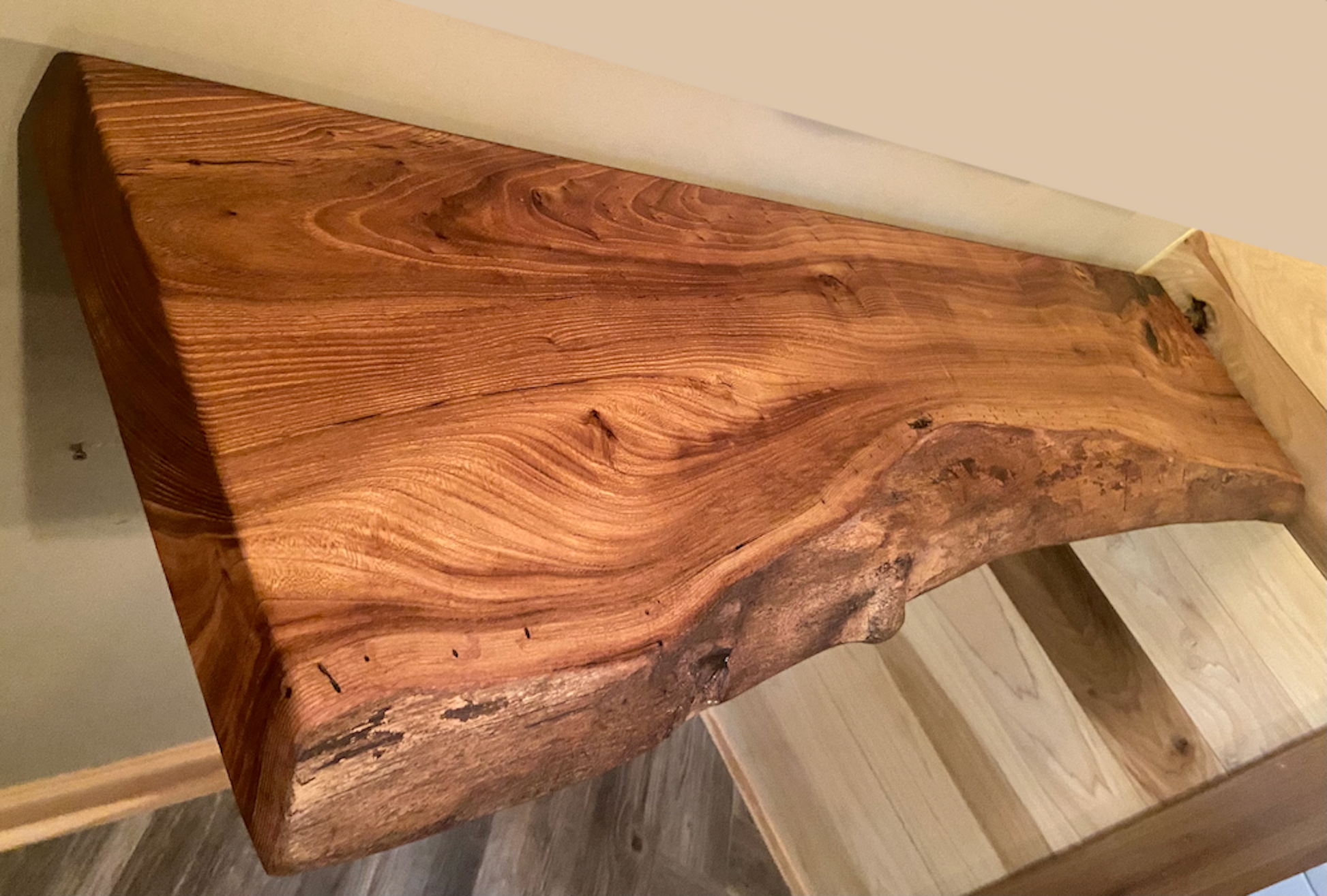 Custom live edge chestnut shelves with warm golden-brown tones and a natural edge. Solid chestnut wood, perfect for rustic and modern interiors.