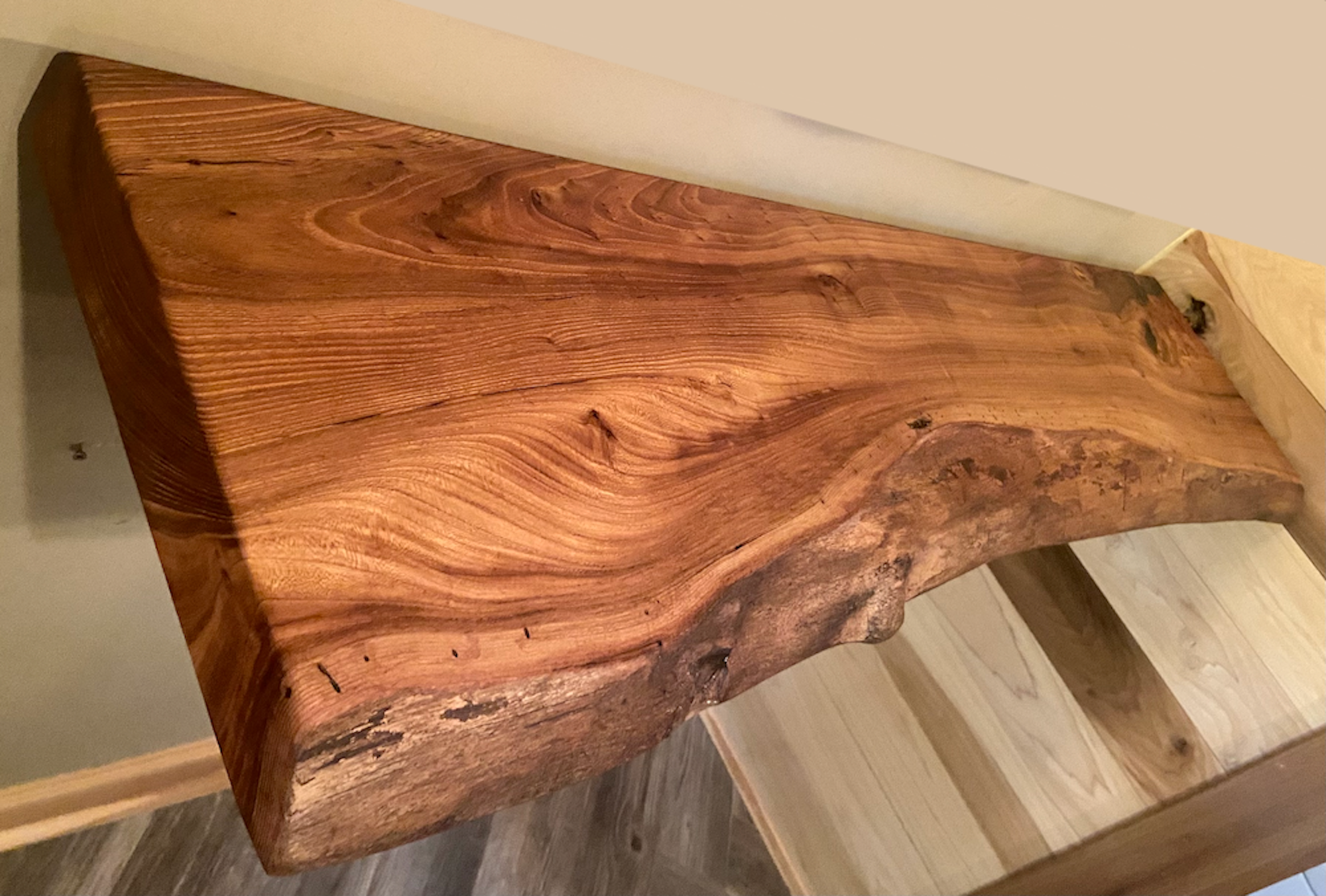 Custom live edge chestnut shelves with warm golden-brown tones and a natural edge. Solid chestnut wood, perfect for rustic and modern interiors.