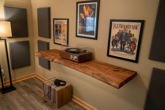 Custom live edge chestnut shelves with warm golden-brown tones and a natural edge. Solid chestnut wood, perfect for rustic and modern interiors.