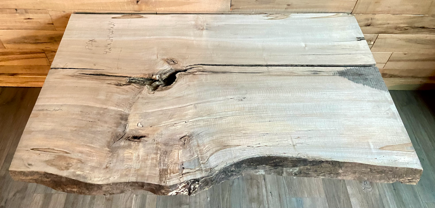 Handmade spalted hardwood vanity top with smooth finish and organic live edge front. Solid wood bathroom vanity top featuring spalted grain, knot detail, and natural character. 