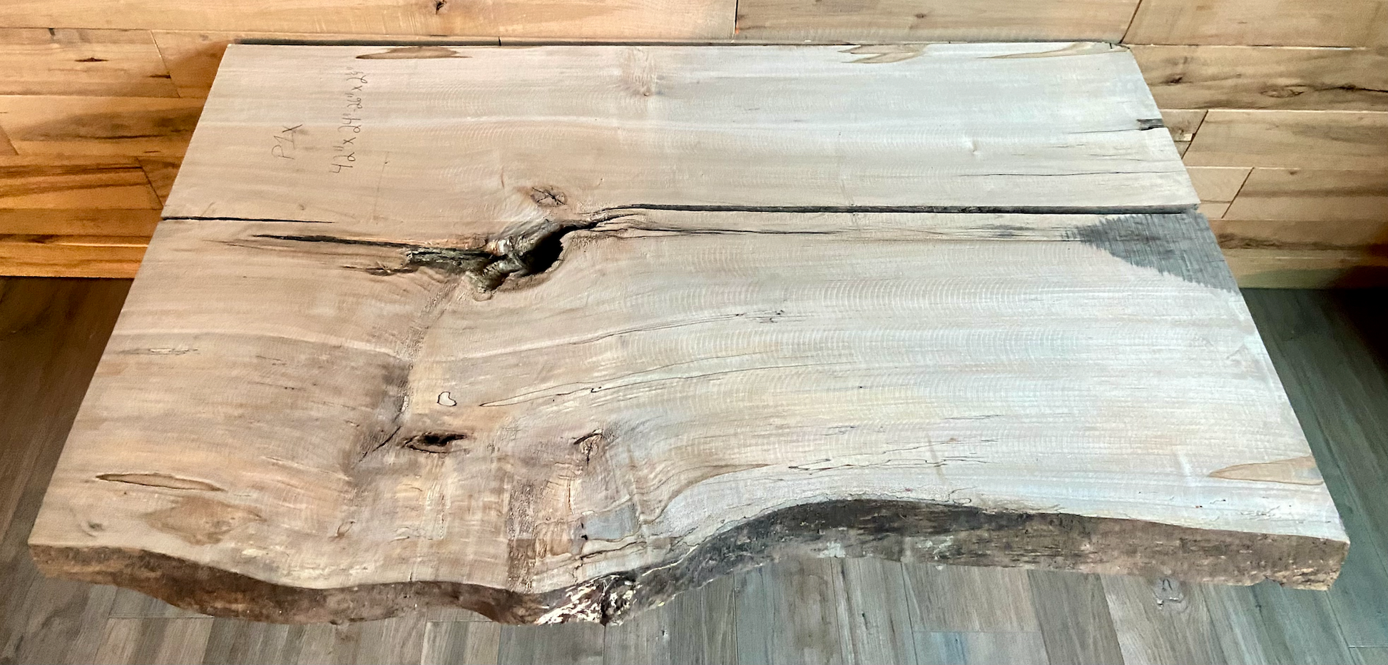 Handmade spalted hardwood vanity top with smooth finish and organic live edge front. Solid wood bathroom vanity top featuring spalted grain, knot detail, and natural character. 