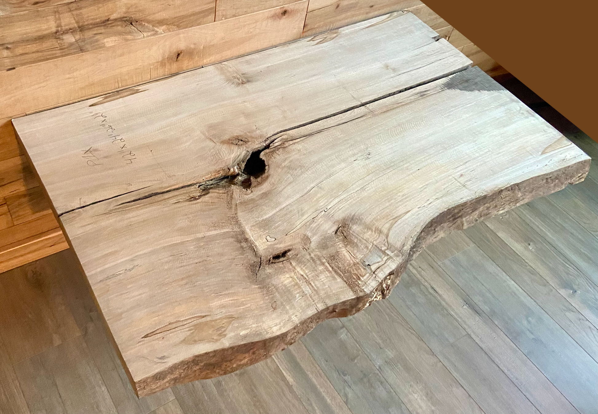 Handmade spalted hardwood vanity top with smooth finish and organic live edge front. Solid wood bathroom vanity top featuring spalted grain, knot detail, and natural character. 