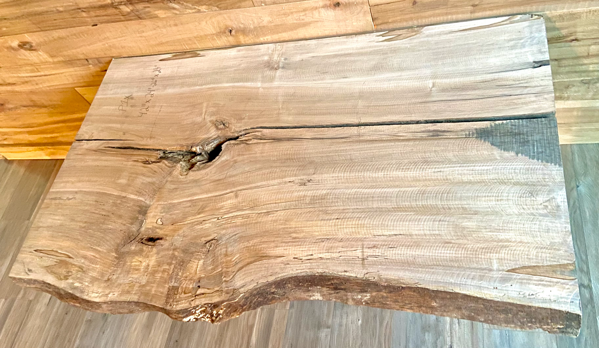 Handmade spalted hardwood vanity top with smooth finish and organic live edge front. Solid wood bathroom vanity top featuring spalted grain, knot detail, and natural character. 