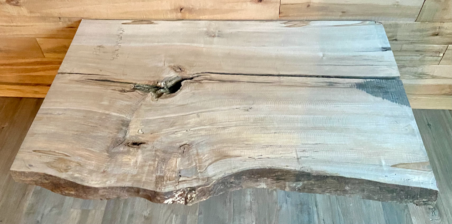 Handmade spalted hardwood vanity top with smooth finish and organic live edge front. Solid wood bathroom vanity top featuring spalted grain, knot detail, and natural character. 