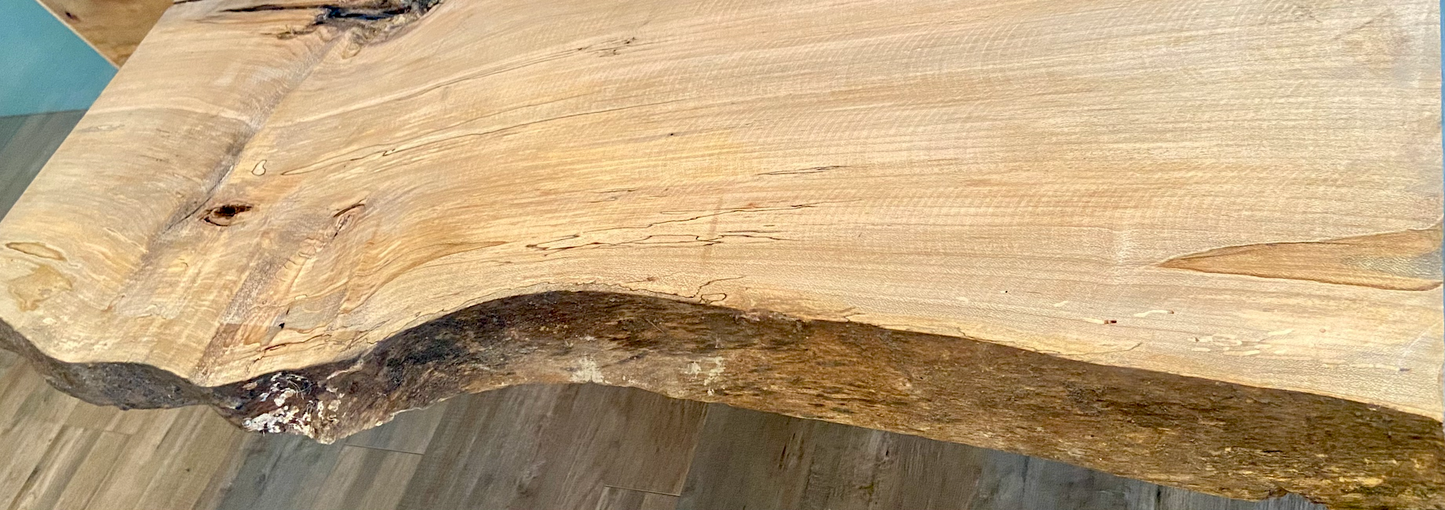 Handmade spalted hardwood vanity top with smooth finish and organic live edge front. Solid wood bathroom vanity top featuring spalted grain, knot detail, and natural character. 