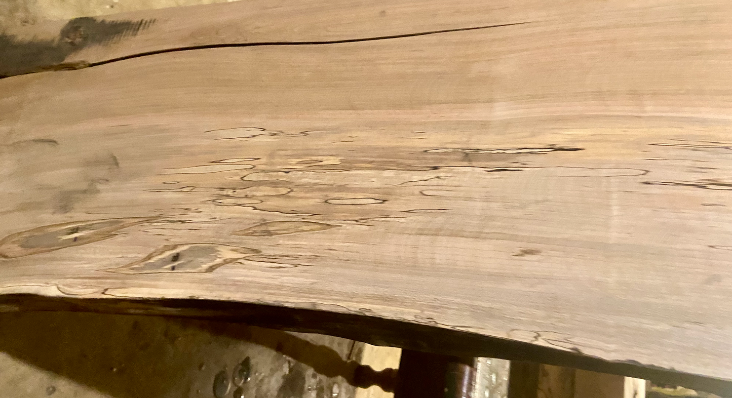 Handmade spalted hardwood vanity top with smooth finish and organic live edge front. Solid wood bathroom vanity top featuring spalted grain, knot detail, and natural character.