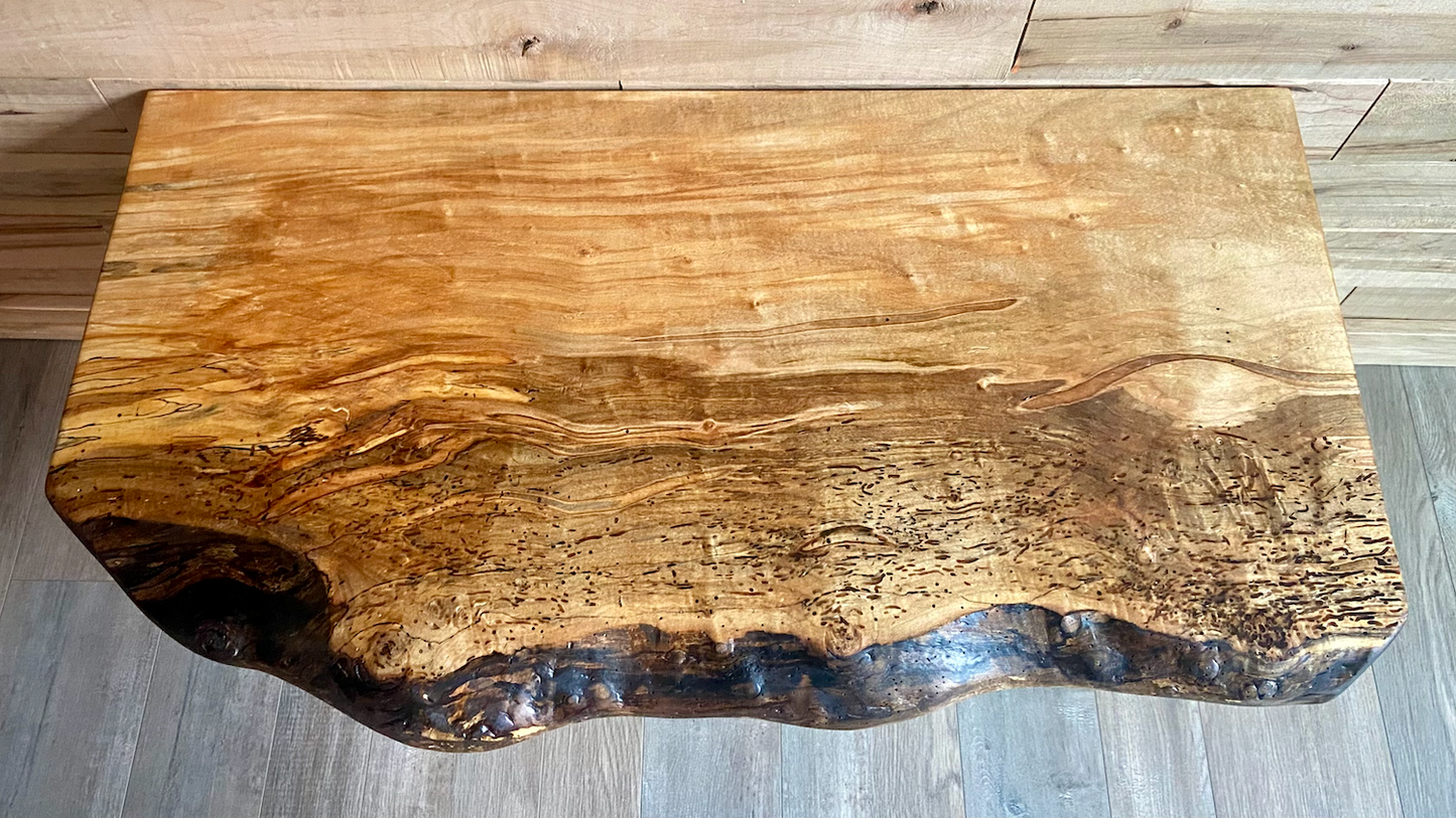 Handmade spalted hardwood vanity top with smooth finish and organic live edge front. Solid wood bathroom vanity top featuring spalted grain, knot detail, and natural character.