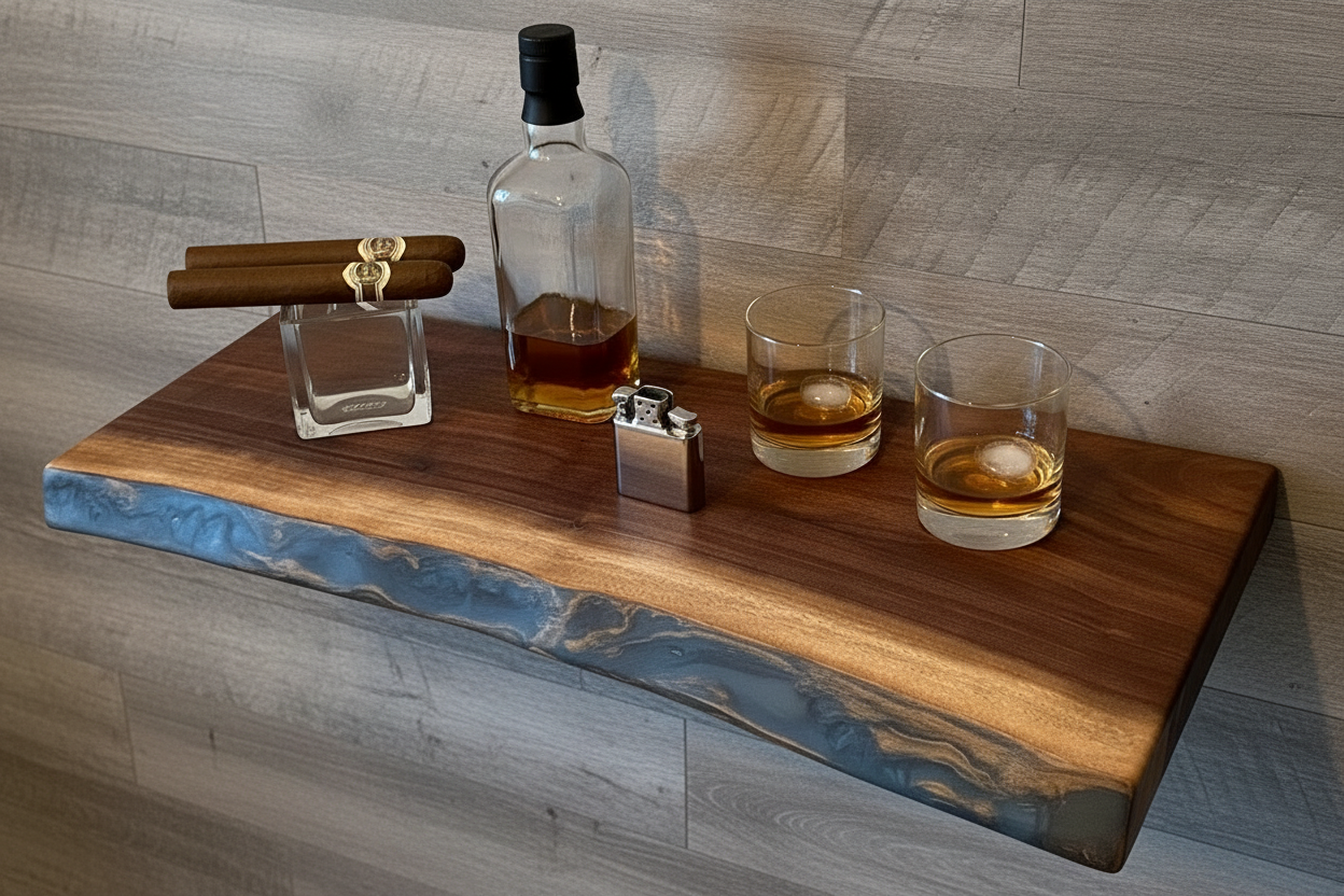 Wooden floating shelf with glasses of whiskey, a bottle, and other items on a plain background