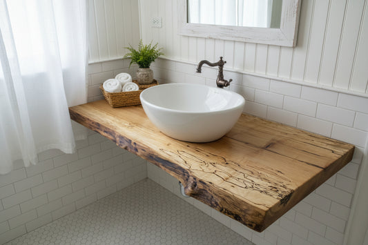 Live edge maple wood vanity countertop with vessel sink.