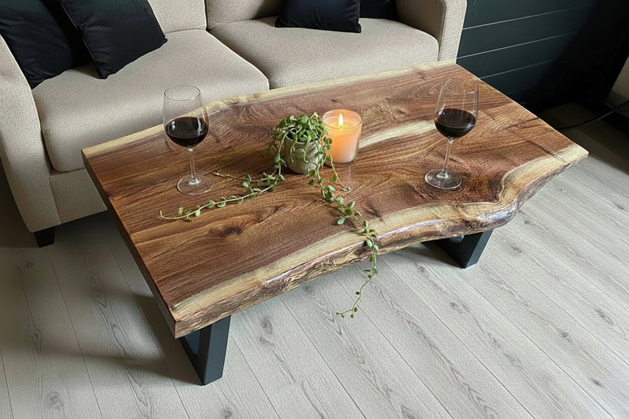 Live Edge Walnut Coffee Table | Customizable Farmhouse Wood Slab Furniture