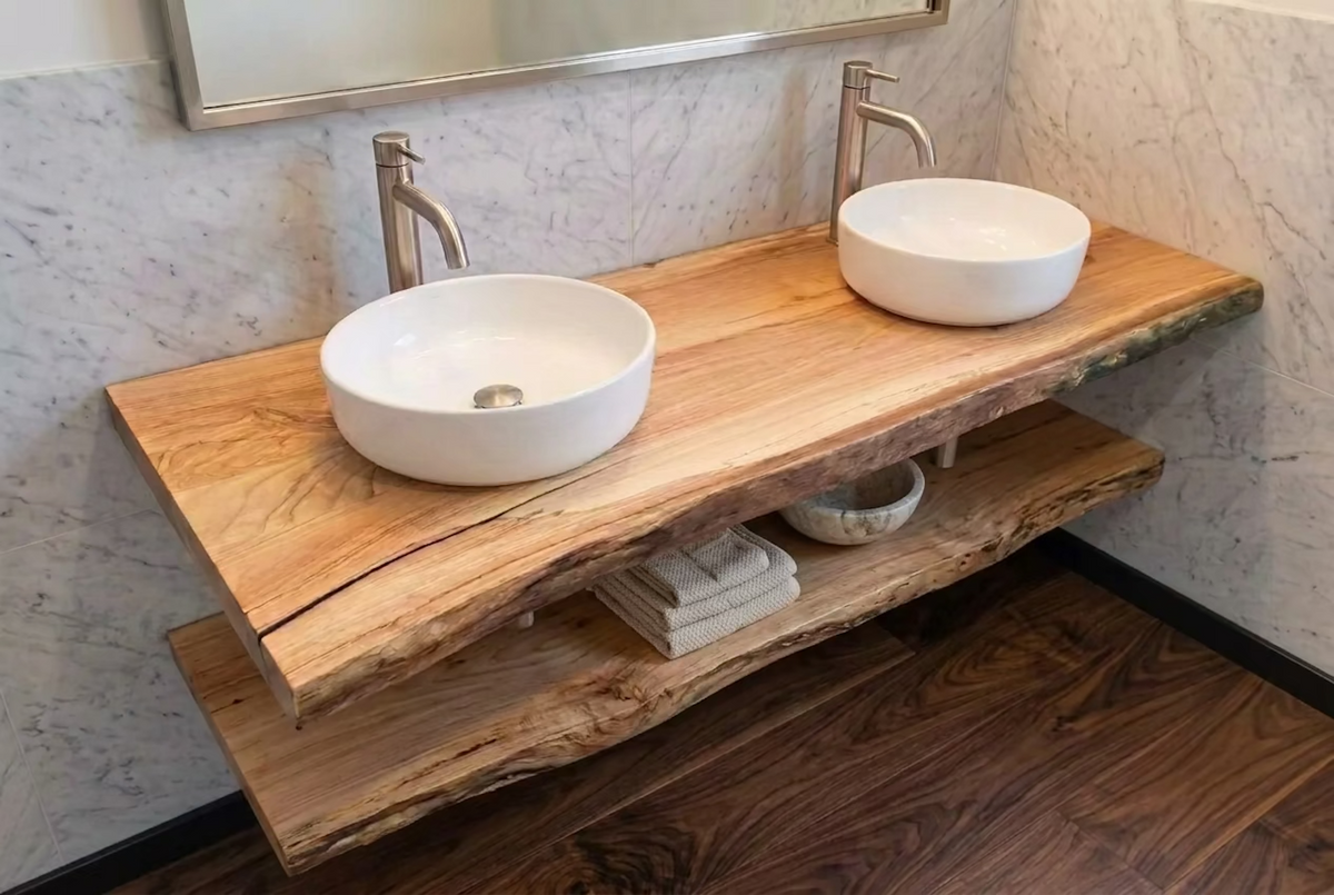 Customizable Live Edge Chestnut Vanity Top | Rustic Bathroom Sink Counter