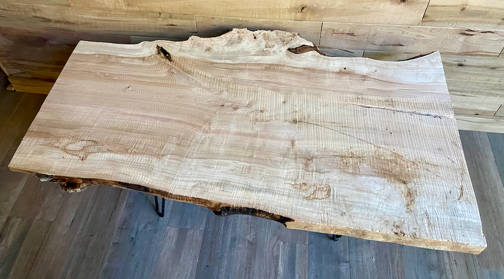 Rustic Furniture Set: Live Edge Burl Maple Coffee Table and Matching Maple Floating Shelf