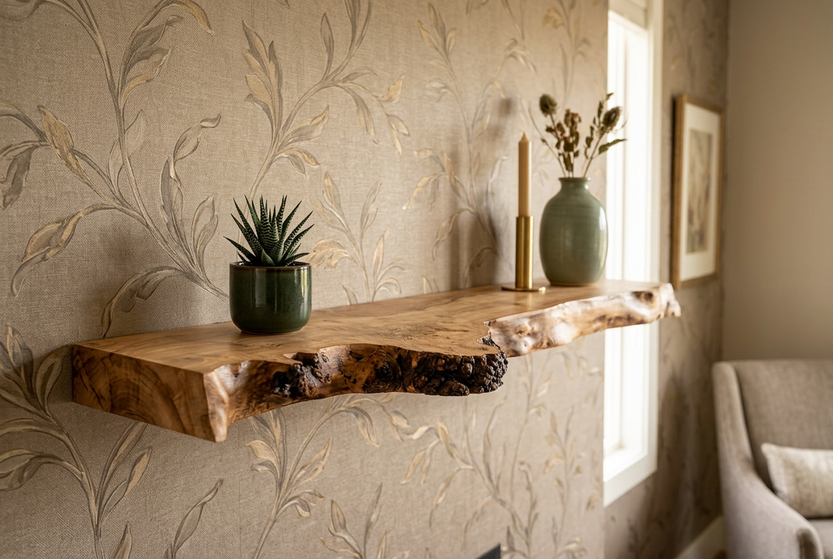 Rustic Furniture Set: Live Edge Burl Maple Coffee Table and Matching Maple Floating Shelf
