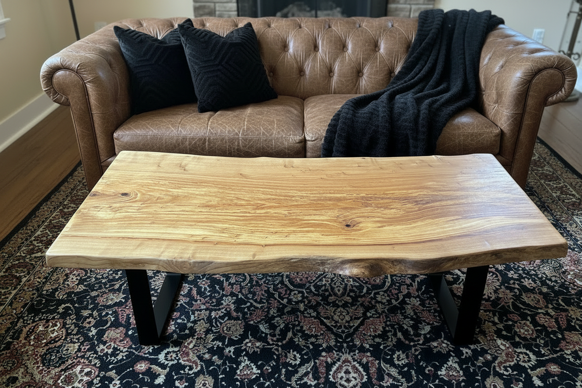 Live Edge Chestnut Wood Coffee Table | Customizable Farmhouse Rustic Table