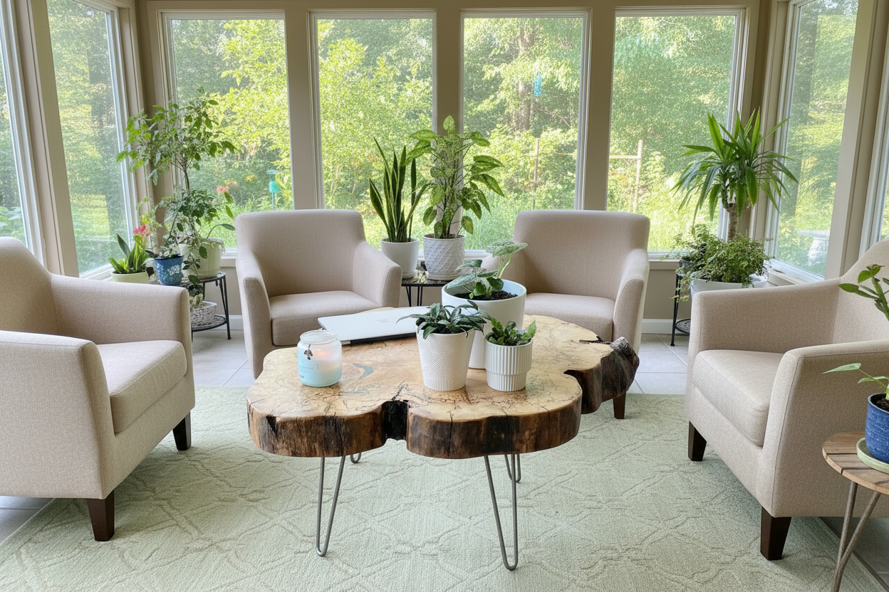 Handmade spalted maple live edge nesting table set with organic shapes and natural wood grain patterns, featuring rustic modern hairpin legs. Handmade spalted maple live edge coffee table set with natural organic shapes, highlighting the rich wood grain and rustic-modern style