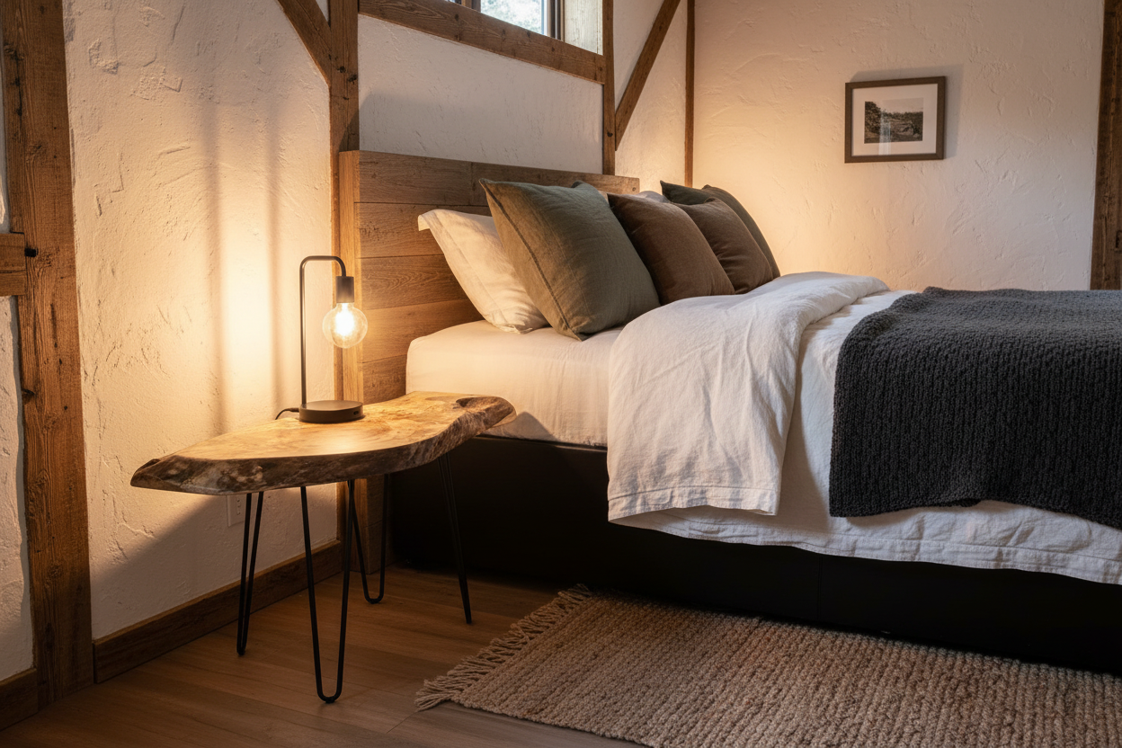 Handmade spalted maple live edge nesting table set with organic shapes and natural wood grain patterns, featuring rustic modern hairpin legs. Handmade spalted maple live edge coffee table set with natural organic shapes, highlighting the rich wood grain and rustic-modern style