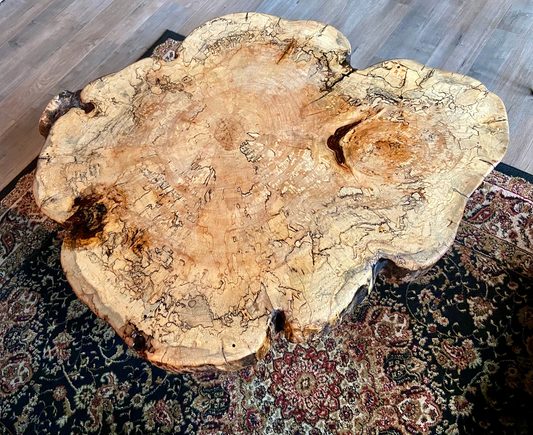 Handmade spalted maple live edge nesting table set with organic shapes and natural wood grain patterns, featuring rustic modern hairpin legs. Handmade spalted maple live edge coffee table set with natural organic shapes, highlighting the rich wood grain and rustic-modern style.
