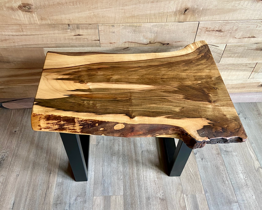 Detailed view of ambrosia maple wood grain, showing natural spalting, color variations, and organic patterns. live edge coffee table made from ambrosia maple, featuring unique grain patterns and a smooth, polished surface. Rustic and modern design. Handcrafted ambrosia maple coffee table styled in a modern living room with a cozy, rustic aesthetic. Top-down view of ambrosia maple coffee table, highlighting natural wood grain, warm tones, and live edge details.