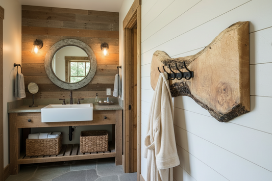 Live edge maple coat rack mounted on a wood-paneled wall, featuring 5 matte black metal hooks and natural wood grain patterns.
