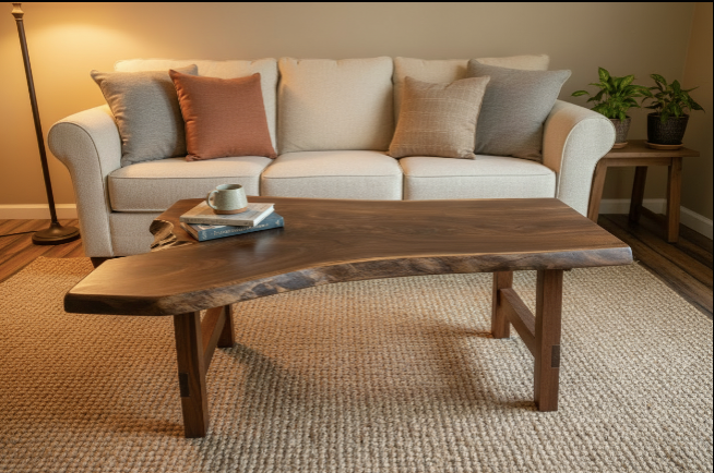 Beige sofa with decorative pillows and a live edge walnut wood coffee table in a living room setting.