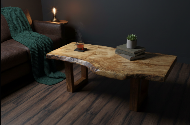 Live edge spalted ambrosia maple wood slab coffee table with a natural grain pattern on a patterned surface. 