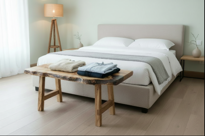 Bedroom with a bed, live edge wooden bench table, and lamp.