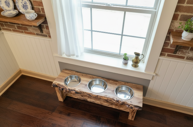 Live edge raised pet stand crafted from spalted maple or black walnut, featuring two stainless steel bowls for food and water. Elevated pet feeder, showcasing the natural wood grain and sturdy construction. Top-down view highlighting the placement of the two stainless steel bowls within the live edge wooden stand. Detailed close-up of the spalted maple’s unique wood grain patterns on the pet stand. Medium-sized dog comfortably eating from the elevated feeder, demonstrating ergonomic design.