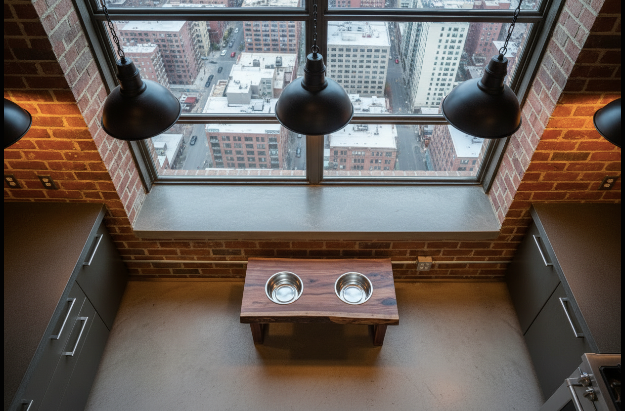 Live edge raised pet stand crafted from spalted maple or black walnut, featuring two stainless steel bowls for food and water. Elevated pet feeder, showcasing the natural wood grain and sturdy construction. Top-down view highlighting the placement of the two stainless steel bowls within the live edge wooden stand. Detailed close-up of the spalted maple’s unique wood grain patterns on the pet stand. Medium-sized dog comfortably eating from the elevated feeder, demonstrating ergonomic design.