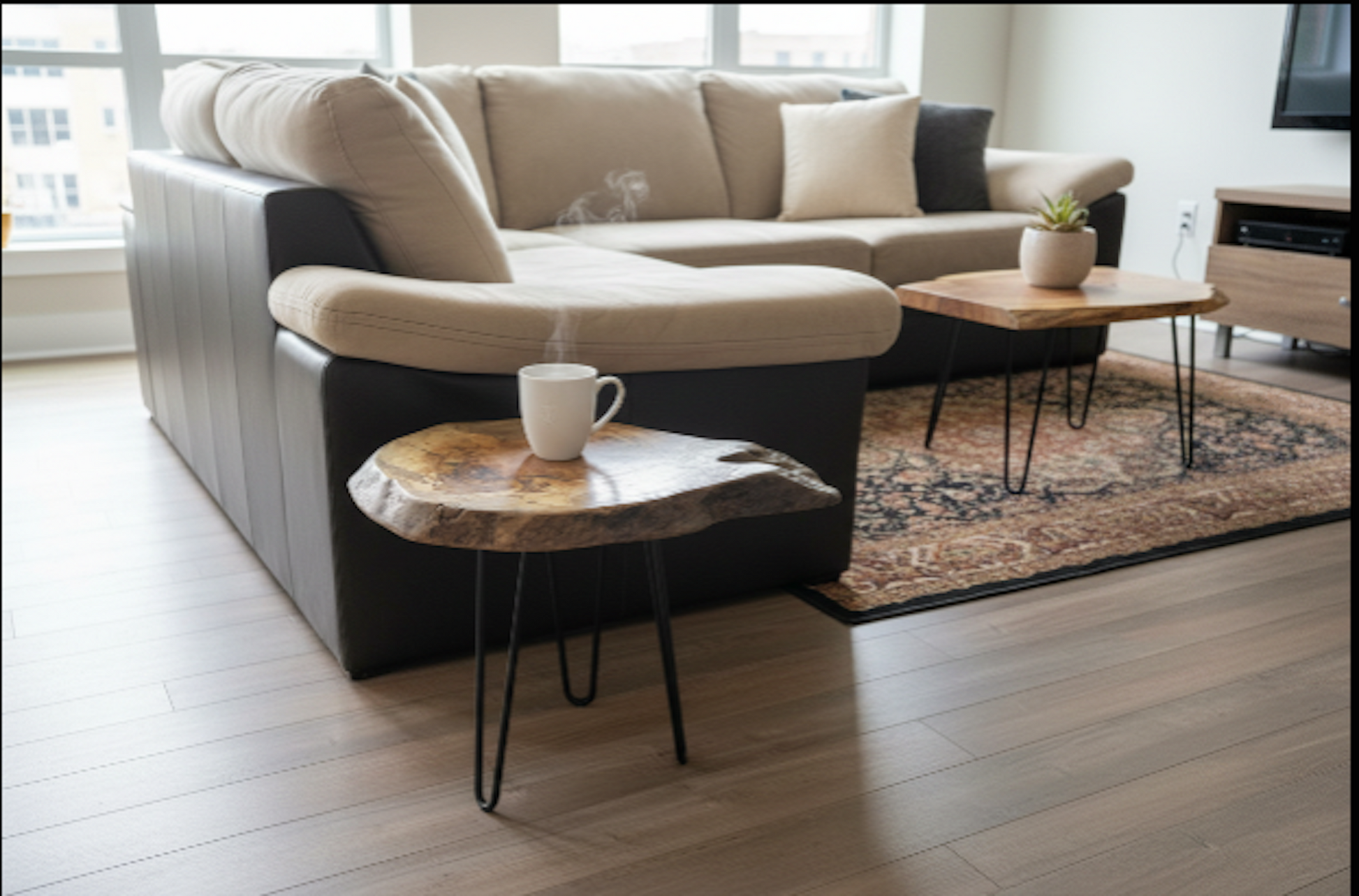 Beige sectional sofa in a living room with wooden live edge end table and rug.