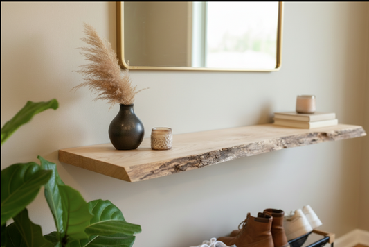 Handcrafted live edge maple floating shelf mounted on a gray wall. Close-up of the live edge detail on a maple floating shelf, highlighting the natural wood grain and rich tones. Side view of a maple floating shelf with concealed brackets, giving a sleek, modern appearance.