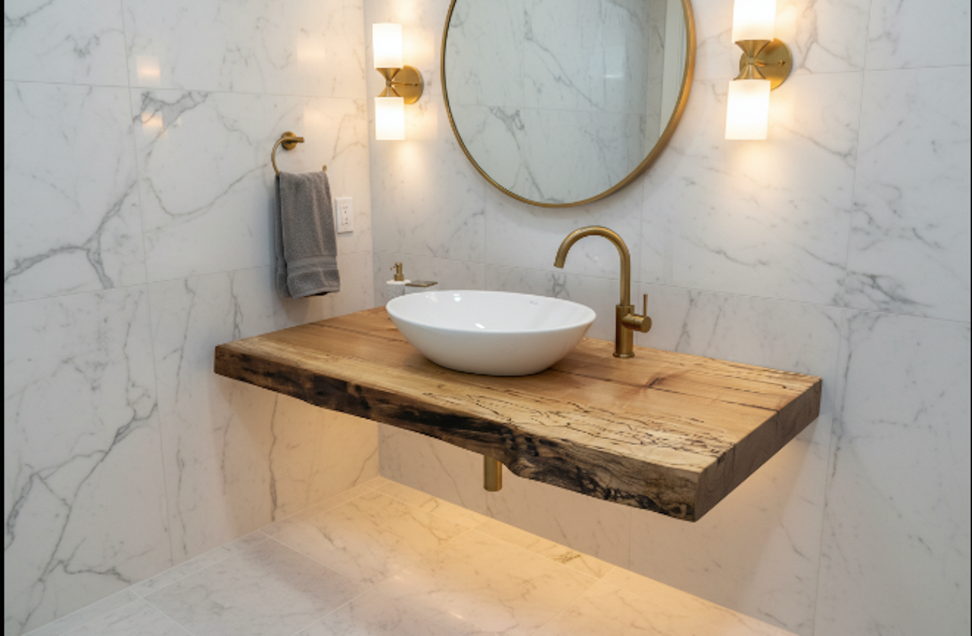 Bathroom with wooden vanity, white sink, and gold faucet against a marble wall.