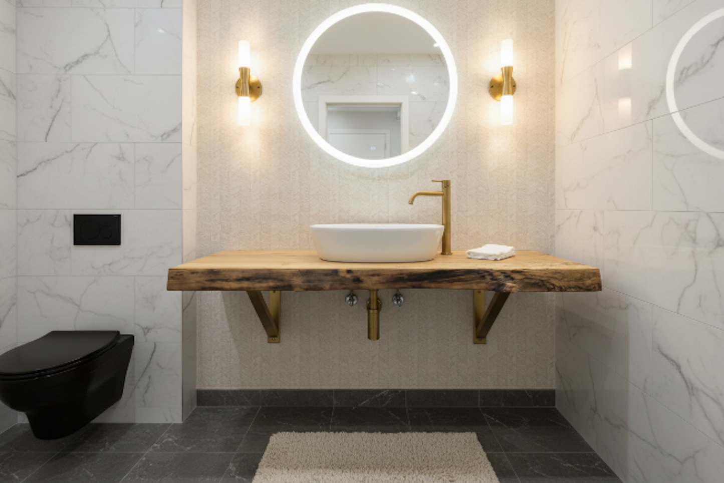 Modern bathroom with a live edge wooden vanity, white sink, and round mirror.