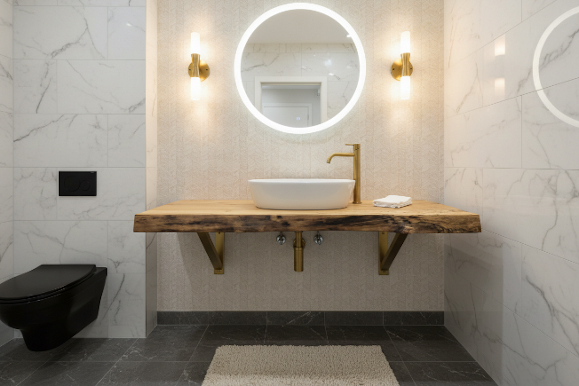 Modern bathroom with a live edge wooden vanity, white sink, and round mirror.