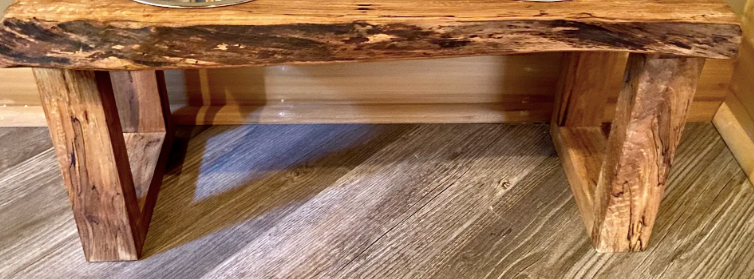 Rustic Furniture Set: Live Edge Burl Maple Coffee Table and Matching Maple Floating Shelf