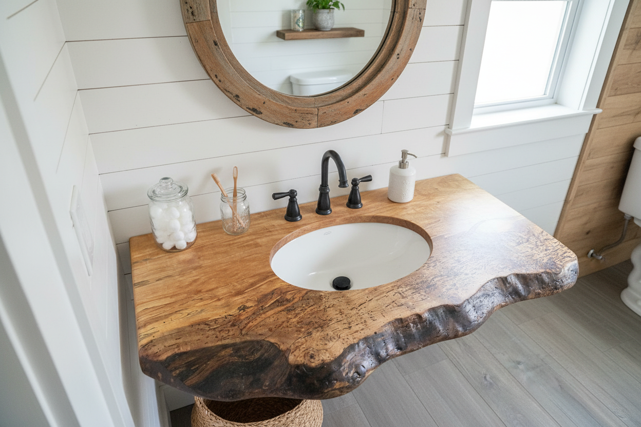 Wooden live edge spalted maple and ambrosia maple vanity top with a natural, rustic finish on a wooden floor.