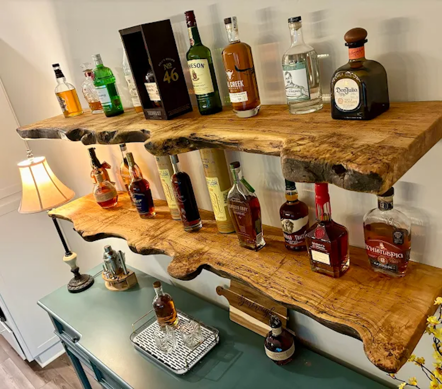 Custom Narrow Live Edge Spalted Maple Rustic Wood Floating Shelves|Ambrosia Maple Narrow Wood Wall Shelves
