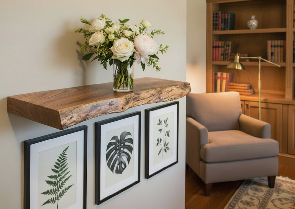 Custom Narrow Live Edge English Chestnut Wood Floating Shelves