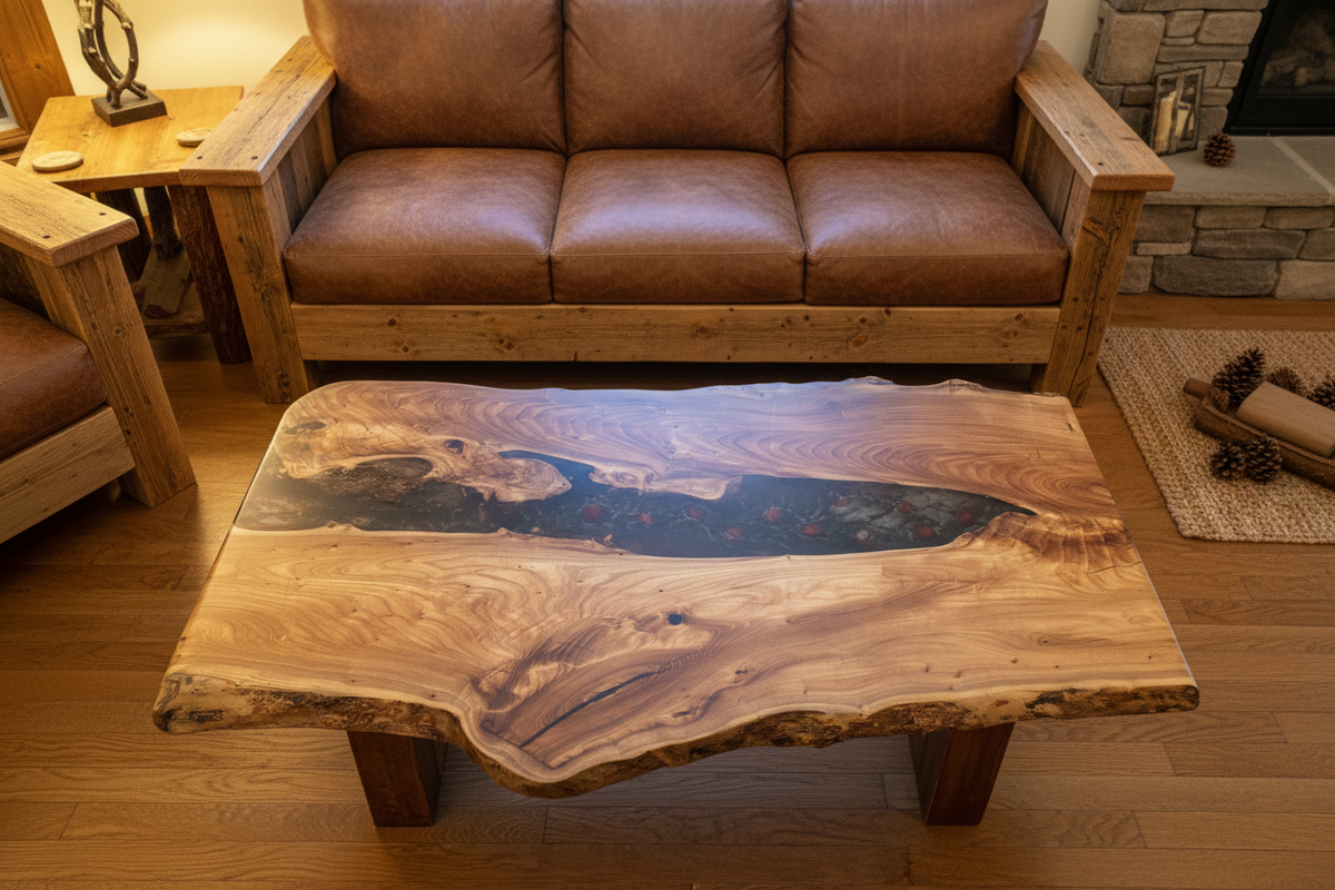 Live Edge Chestnut Wood Coffee Table | Customizable Farmhouse Rustic Table